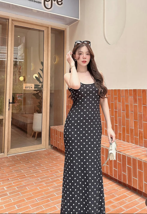 Polka Dot Deep Neck Long Maxi Dress